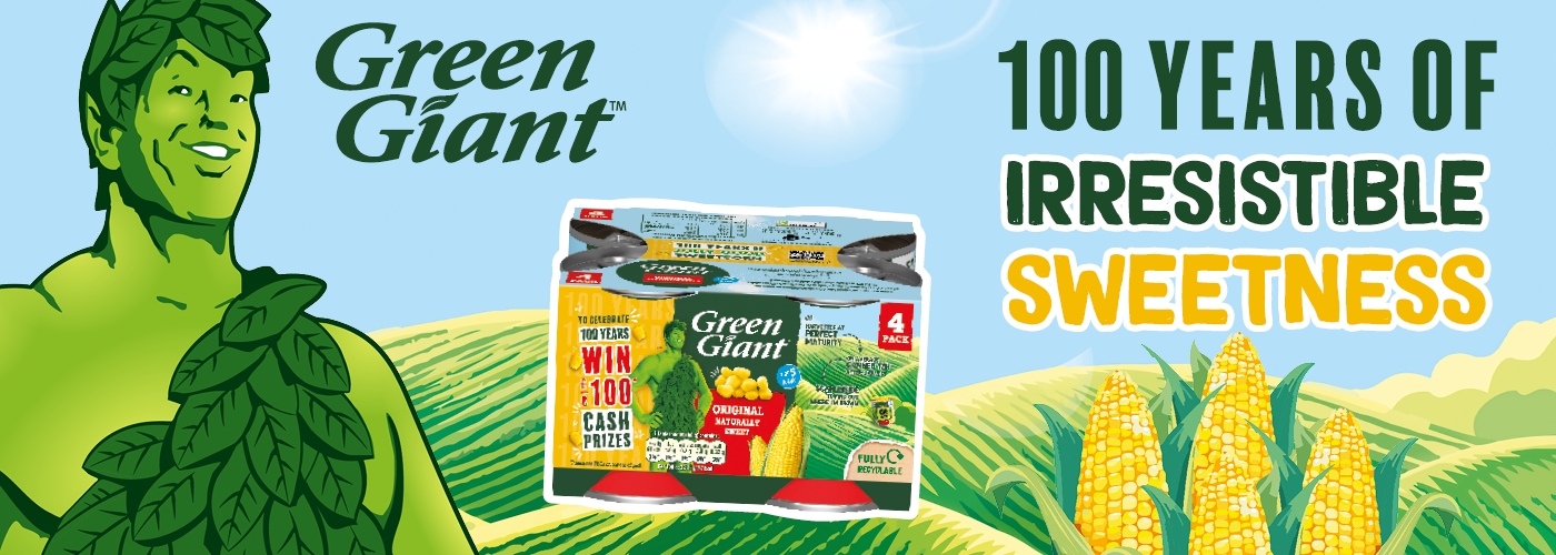 Green Giant mascot, canned corn packs, and cornfield background with text "100 Years of Irresistible Sweetness.