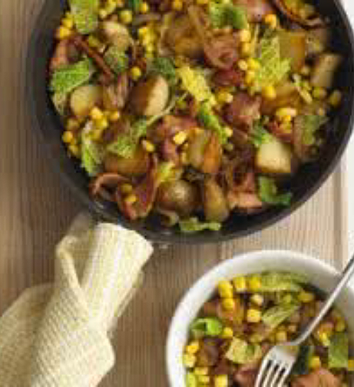 Potato, Cabbage, Corn Pan Fry with Bacon